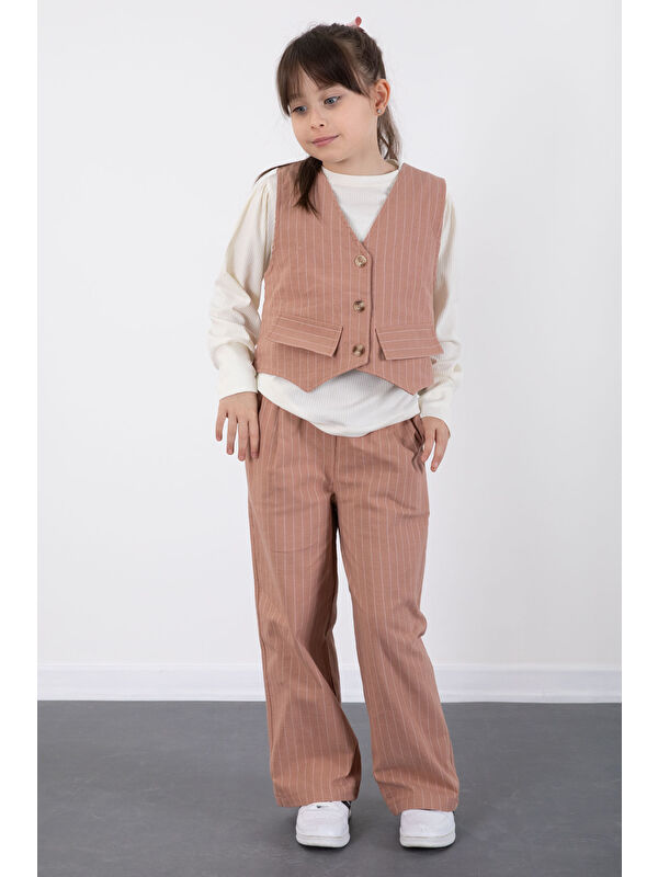 Cansın Mini Kahve Çizgi Desenli Yelekli Geniş Paça Pantolonlu Kız Çocuk Badili 3lü Takım 20492