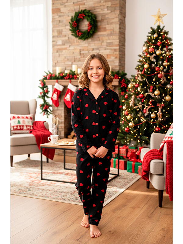 Modanino Kız Çocuk Kalp Baskılı Kadife/Süet Pijama Takımı -12490