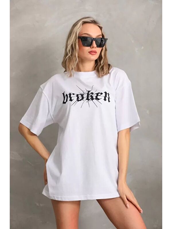 Jane's Unisex Baskılı Oversize T-Shirt - Beyaz