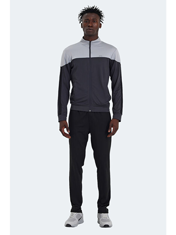SLAZENGER RAPIDLY IN Erkek Fermuarlı Dik Yaka Cepli Koyu Gri Eşofman Takımı