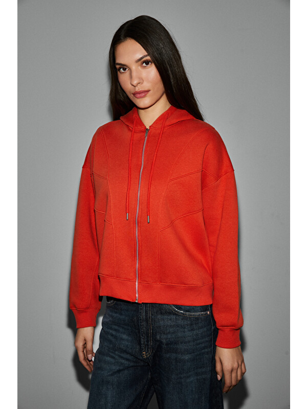 GRIMELANGE VYSELLE Kadın Önü Kesikli Metal Fermuarlı Kapüşonlu Etiket Detaylı Oversize KIRMIZI Sweatshirt