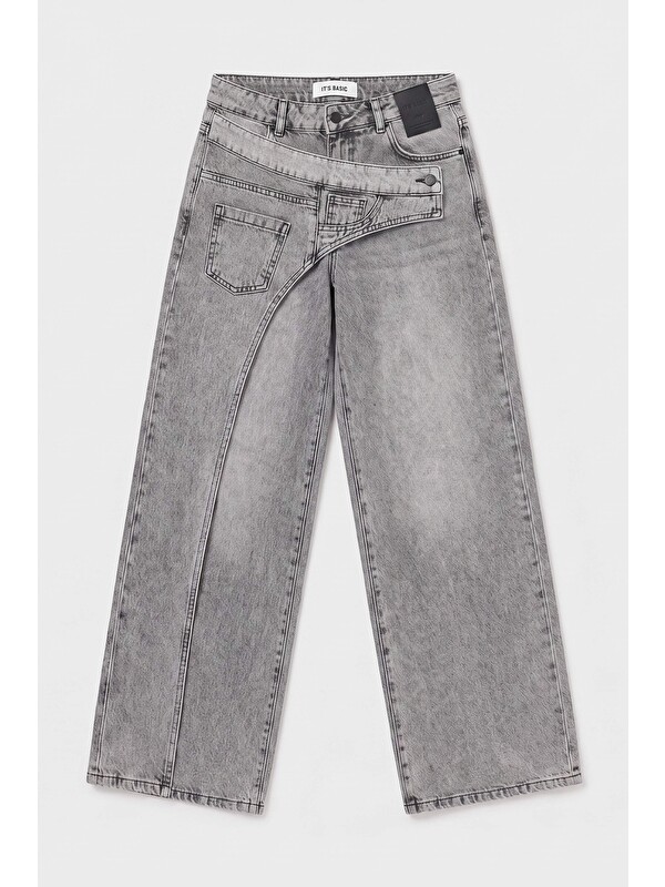 It's Basic Kadın Füme Palazzo Fit Çift Kemer Detaylı Özel Tasarım Denim Jean
