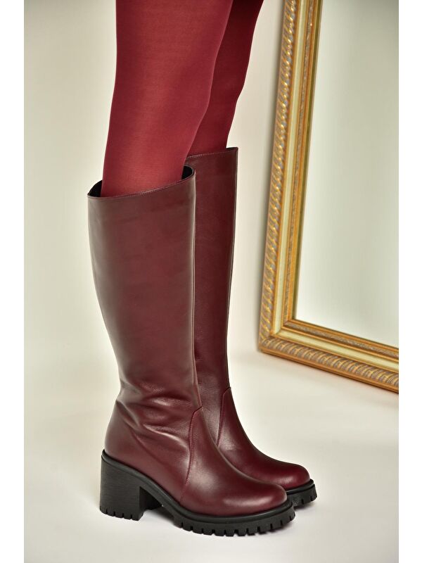 R6540477 Bordo Hakiki Deri Kadın Çizme - Görsel 3