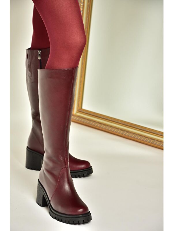 R6540477 Bordo Hakiki Deri Kadın Çizme - Görsel 4