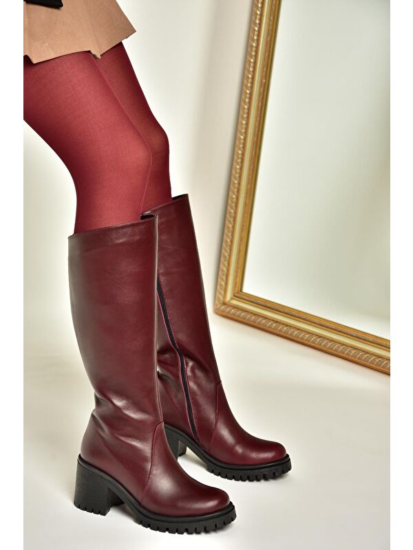 R6540477 Bordo Hakiki Deri Kadın Çizme - Görsel 5