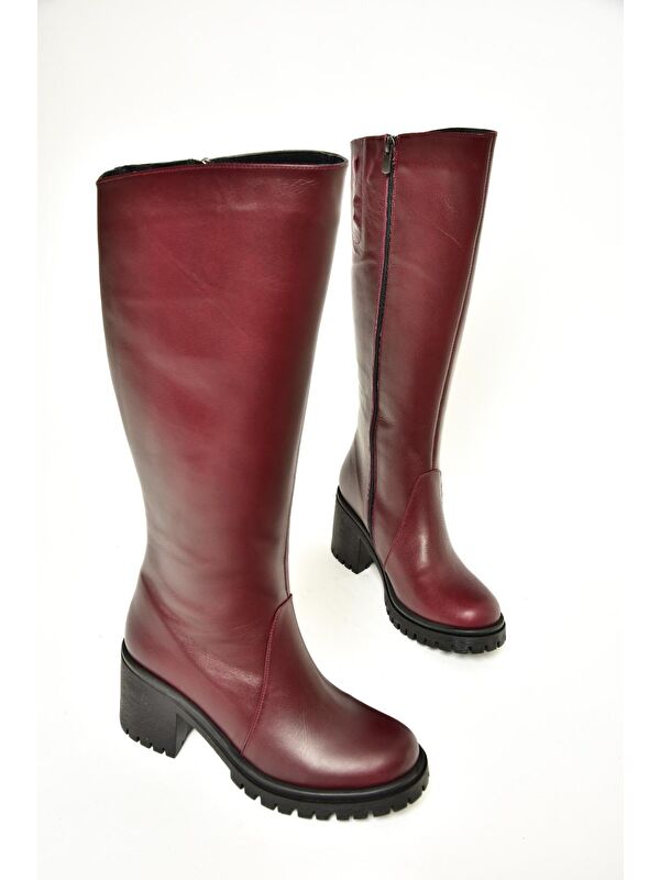 R6540477 Bordo Hakiki Deri Kadın Çizme - Görsel 6