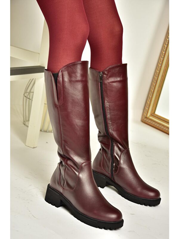 N6542261 Bordo Hakiki Deri Kadın Çizme - Görsel 4
