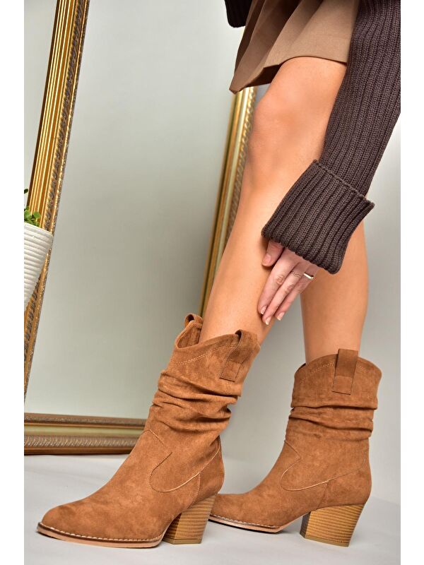 T296713002 Taba Süet Kalın Topuklu Kadın Bot - Görsel 2