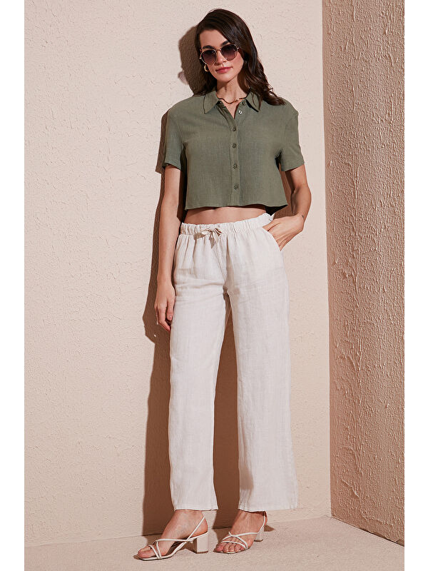Lela Relaxed Fit Normal Bel Geniş Paça Çift Cepli Keten Pantolon 668Yp4991
