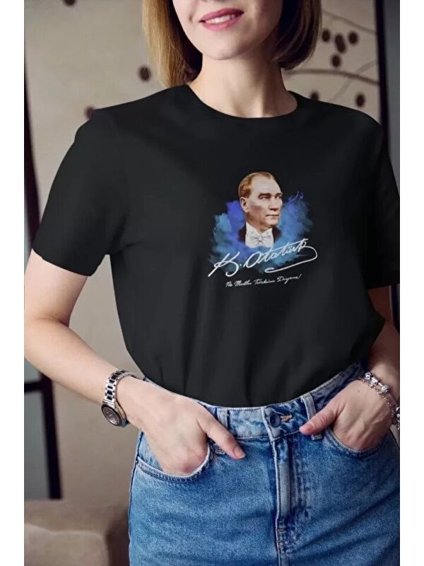 Jane's Unisex Bisiklet Yaka Baskılı Oversize T-Shirt - Siyah