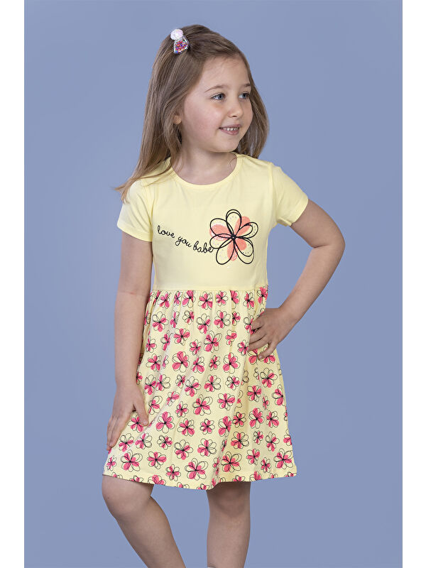 Toontoykids Kız Çocuk Çiçek Desenli Yazı Nakışlı Pullu Taş İşlemeli Elbise