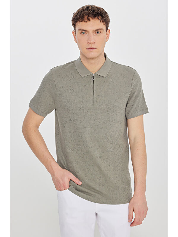 Altınyıldız Classics Erkek Haki Pamuklu Slim Fit Dar Kesim Polo Yaka Jakarlı Esnek Tişört