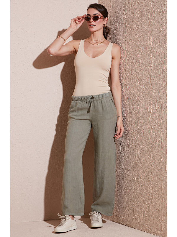 Lela Relaxed Fit Normal Bel Geniş Paça Çift Cepli Keten Pantolon 668Yp4991