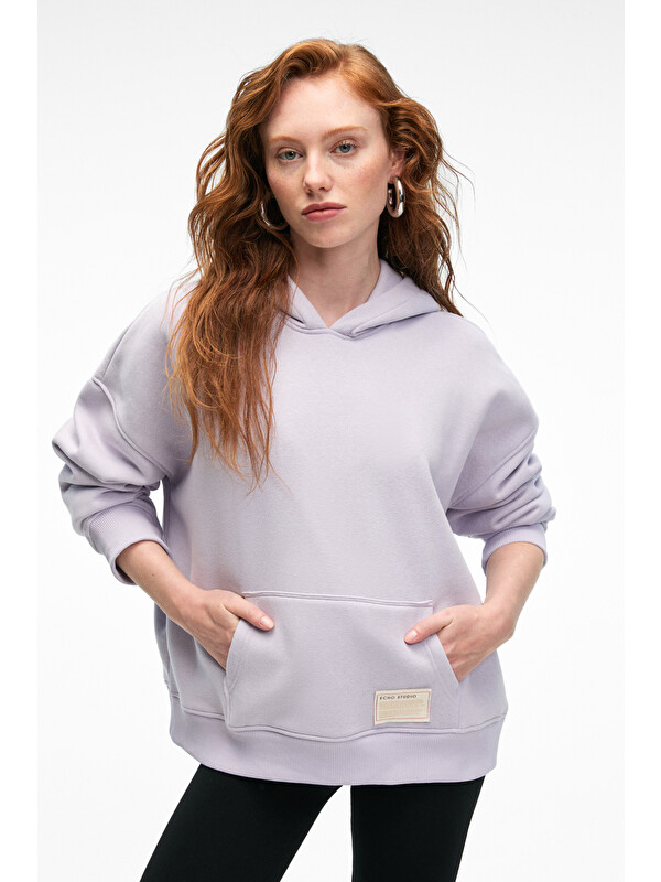GRIMELANGE CLARIE Kadın Organik Pamuklu Oversize Kanguru Cepli Kapüşonlu LİLA Sweatshirt