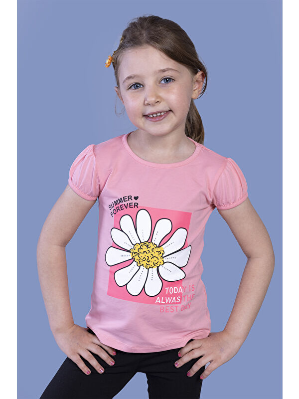 Toontoykids Kız Çocuk Papatya Baskılı Taş İşlemeli Tişört