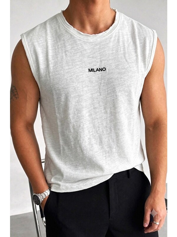 Tarz Cool Erkek Milano Nakışlı Flamlı Pamuklu Ham Yaka (Pis Yaka) Regular Fit Kolsuz T-Shirt / Atlet