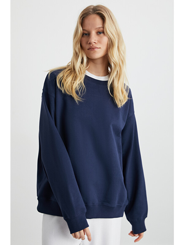 GRIMELANGE KARIUS Kadın Organik Pamuklu İçi Polarlı Oversize Yuvarlak Yakalı LACİVERT Sweatshirt