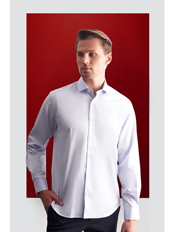 İMZA Açık Mavi Yarım İtalyan Yaka Saten Uzun Kol Premium Slim Fit %100 Pamuk Gömlek 1004255195