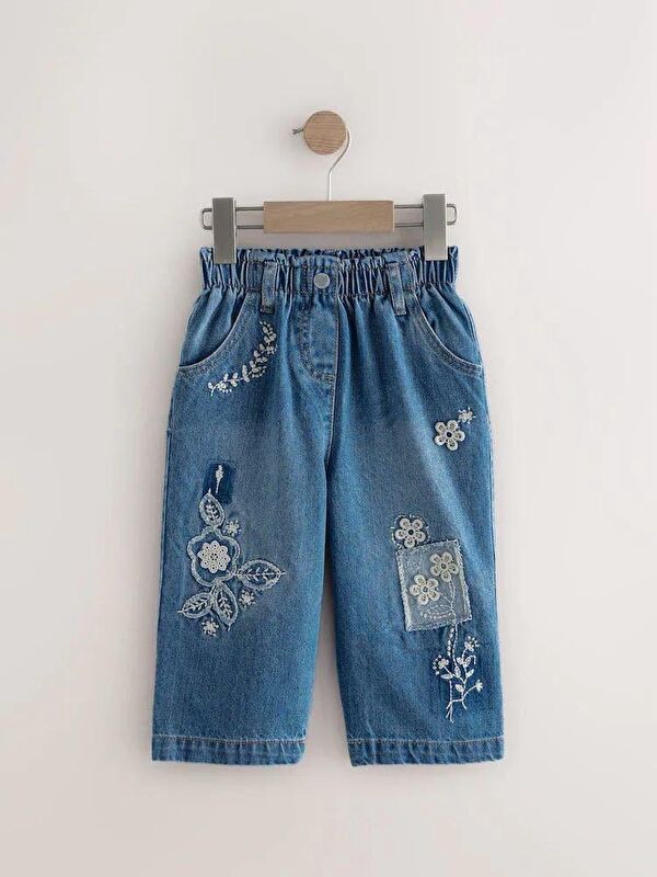 Magu Kız Çocuk Nakışlı Jean Pantolon – Elastik Belli, Çiçek Detaylı Denim Alt