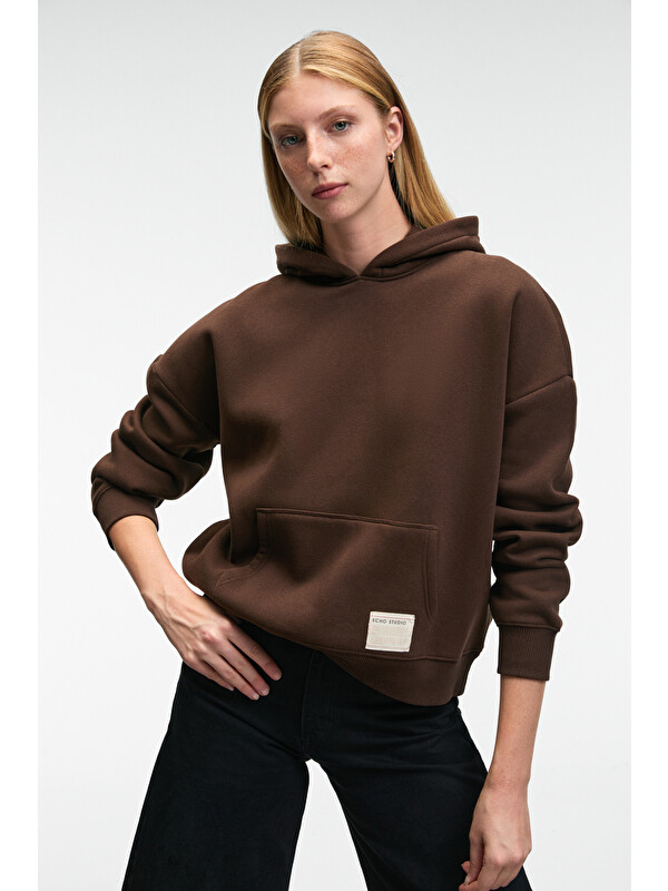 GRIMELANGE CLARIE Kadın Organik Pamuklu Oversize Kanguru Cepli Kapüşonlu KAHVERENGİ Sweatshirt