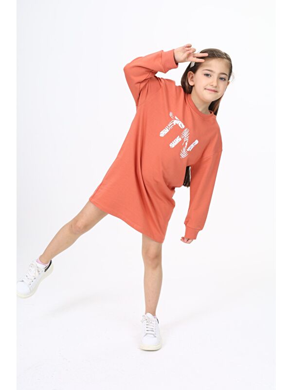 Toontoykids Kız Çocuk Baskılı Relax Fit Bisiklet Yaka Uzun Kollu Elbise