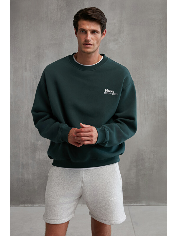 GRIMELANGE Ernest Erkek Organik Pamuklu Yumuşacık Baskı Detaylı Bisiklet Yaka İçi Polarlı KOYU YEŞİL Sweatshirt