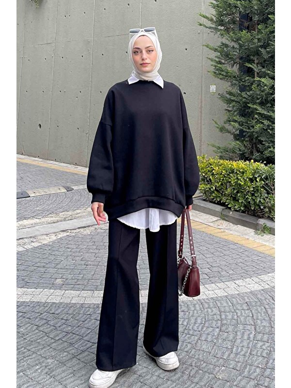 Lamelif Jasmin Bisiklet Yaka Oversize Sweat Siyah