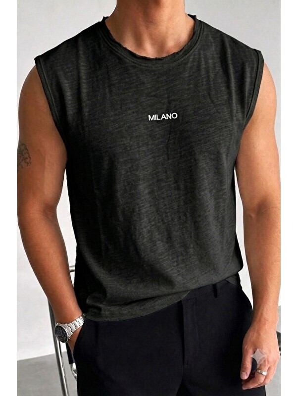 Tarz Cool Erkek Milano Nakışlı Flamlı Pamuklu Ham Yaka (Pis Yaka) Regular Fit Kolsuz T-Shirt / Atlet