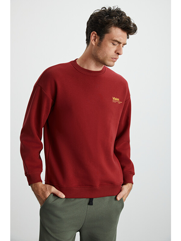 GRIMELANGE Ernest Erkek Organik Pamuklu Yumuşacık Baskı Detaylı Bisiklet Yaka İçi Polarlı BORDO Sweatshirt