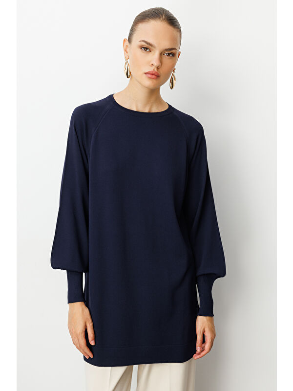 Mizalle Balon Kollu Rayon Lacivert Tunik