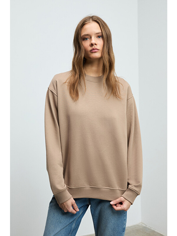 GRIMELANGE KARIUS Kadın Organik Pamuklu İçi Polarlı Oversize Yuvarlak Yakalı AÇIK KAHVERENGİ Sweatshirt