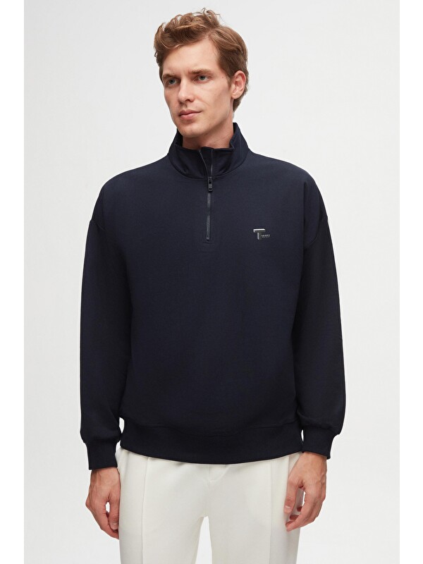 D'S damat Oversize Lacivert Düz Yarım Fermuarlı Pamuklu Mevsimlik Sweatshirt