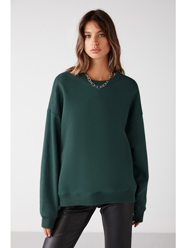GRIMELANGE VANELTINA Kadın Organik Pamuklu Yumuşacık İçi Polarlı Yuvarlak yakalı KOYU YEŞİL Sweatshirt