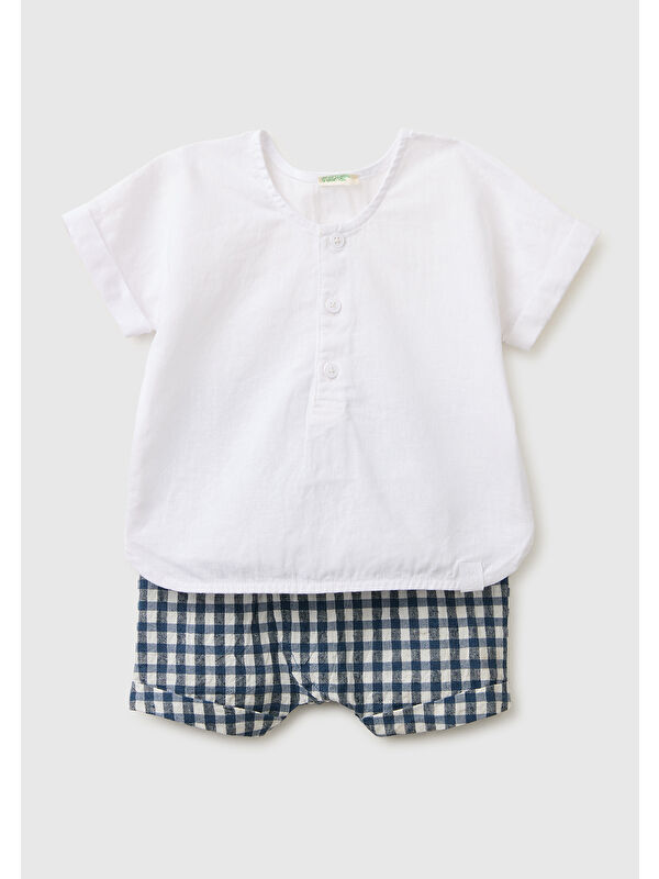 United Colors Of Benetton Bebek Beyaz mix Kimono Kollu Henley T-Shirt ve Çizgili Şortlu Takım