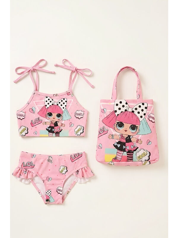 Modanino Kız Çocuk Çantalı 3'lü Mayo Takımı (Çanta+Mayo+Bikini) 3-10 Yaş 12649N