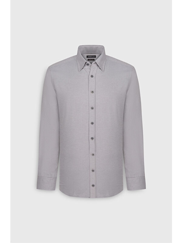 Altınyıldız Classics Erkek Gri Pamuklu Oxford Slim Fit Dar Kesim Gizli Düğmeli Yaka Armürlü Gömlek
