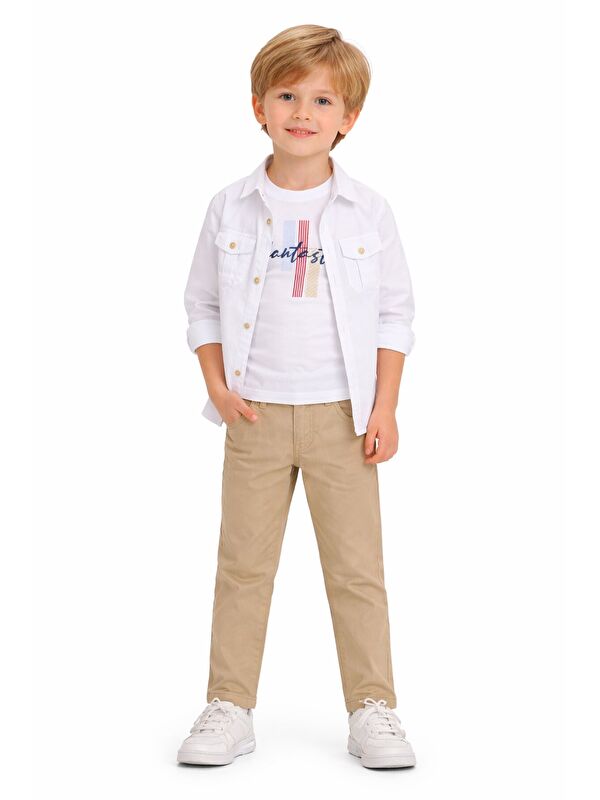 Cansın Mini Krem Keten Pantolonlu Düğmeli Gömlekli Erkek Çocuk 3lü Takım 23765