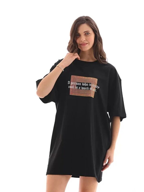 Jane's Unisex Bisiklet Yaka Baskılı Oversize T-Shirt - Siyah