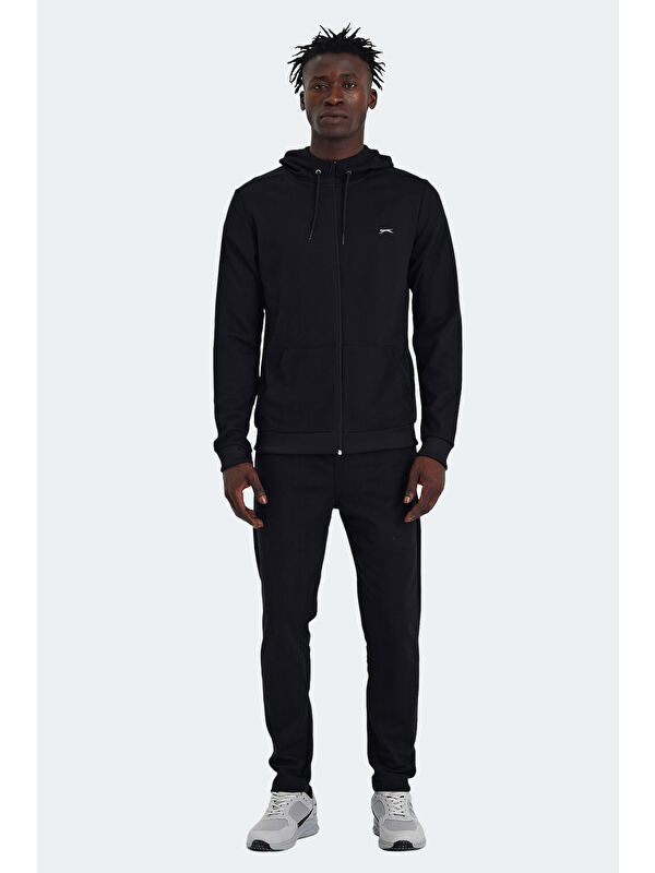 SLAZENGER RICH Erkek Fermuarlı Kapüşonlu Cepli Siyah Eşofman Takımı