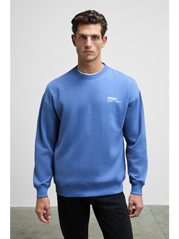 GRIMELANGE Ernest Erkek Organik Pamuklu Yumuşacık Baskı Detaylı Bisiklet Yaka İçi Polarlı AÇIK MAVİ Sweatshirt