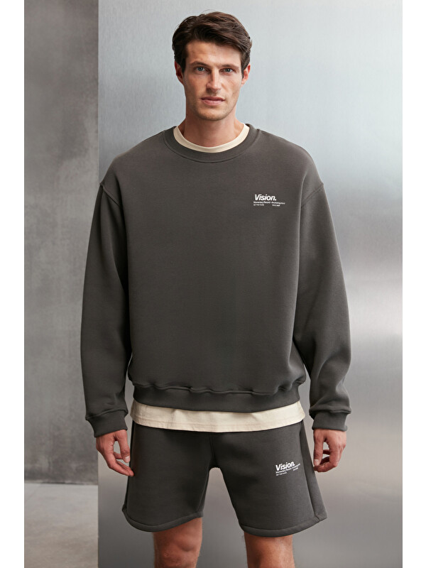 GRIMELANGE Ernest Erkek Organik Pamuklu Yumuşacık Baskı Detaylı Bisiklet Yaka İçi Polarlı GRİ Sweatshirt