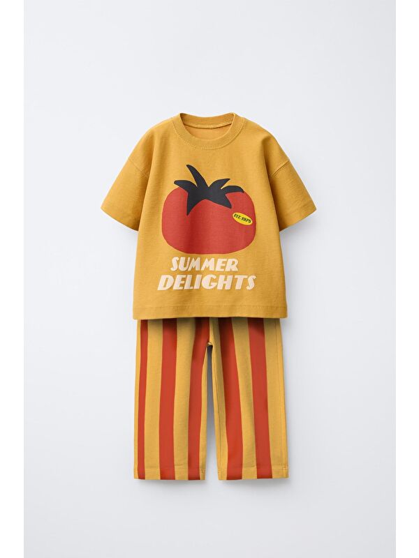 Magu Unisex Çocuk Pamuklu Hardal Domates Baskılı T-Shirt Takım