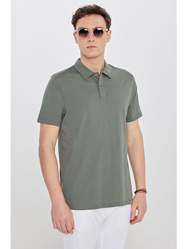 AC&Co / Altınyıldız Classics Erkek Haki %100 Pamuk Standart Fit Normal Kesim Polo Yaka Tişört