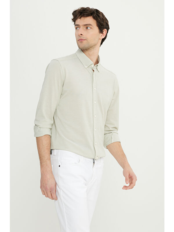 Altınyıldız Classics Erkek Haki 360 Her Yöne Esneyen Pamuklu Slim Fit Dar Kesim Düğmeli Yaka Örme Gömlek