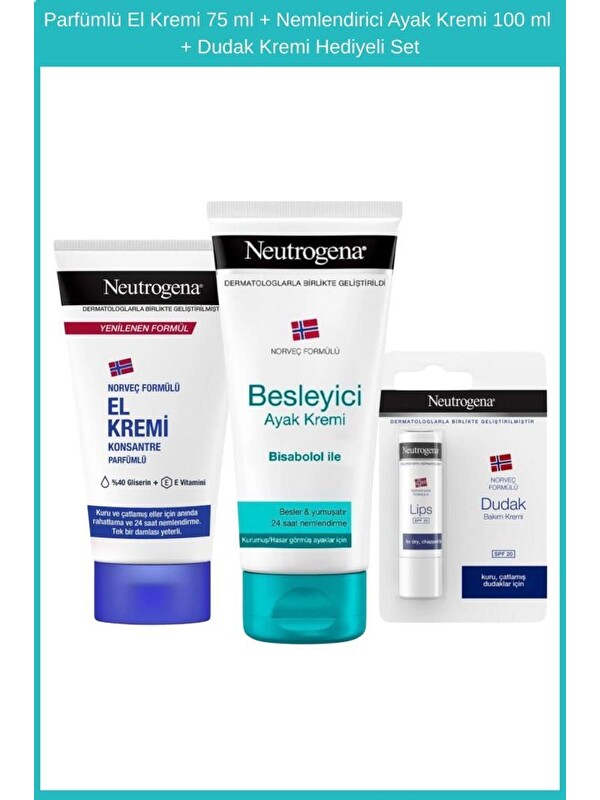 Neutrogena Parfümlü El Kremi 75 ml + Nemlendirici Ayak Kremi 100 ml + Dudak Kremi Hediyeli Set