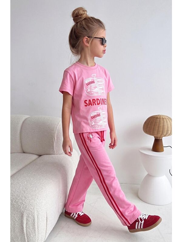 Monila Kız Çocuk Pamuklu Pembe Baskılı T-Shirt Ve Eşofman Alt Üst Takım