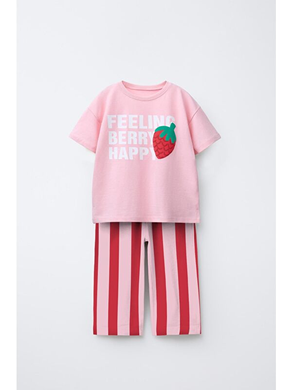 Magu Kız Çocuk Pamuklu Pembe Çilek Baskılı T-Shirt Eşofman Takım