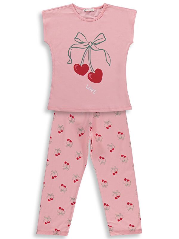 Civil Girls Kiraz Desenli 10-13 Yaş Pijama Takımı - Pudra