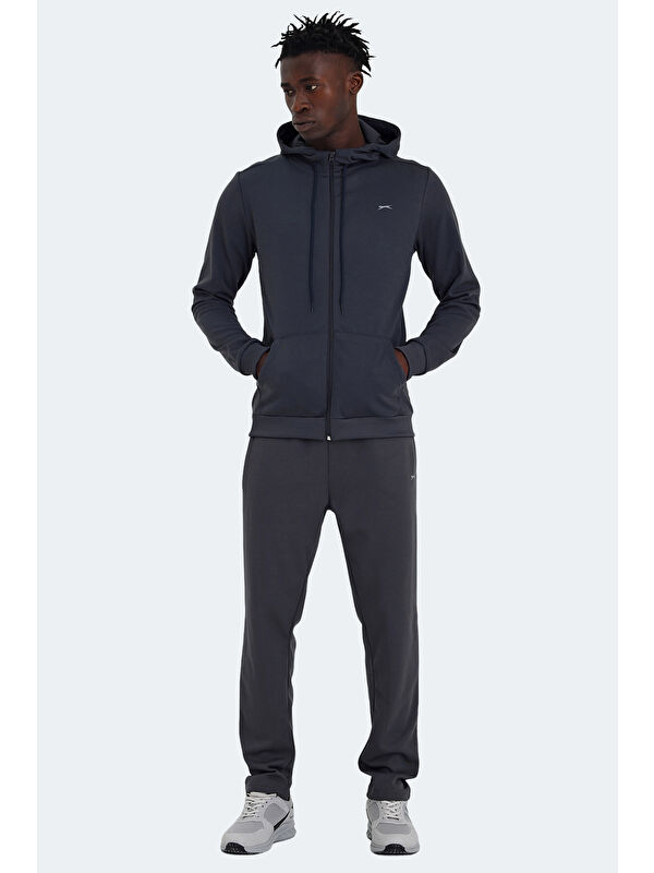 SLAZENGER RICH Erkek Fermuarlı Kapüşonlu Cepli Koyu Gri Eşofman Takımı