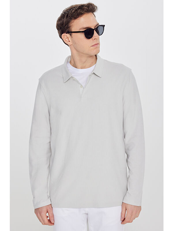AC&Co / Altınyıldız Classics Erkek Gri %100 Pamuk Slim Fit Dar Kesim Polo Yaka Jakarlı Triko Tişört